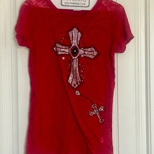 Charming Charlie Red Rhinestone Cross Short Sleeve Top